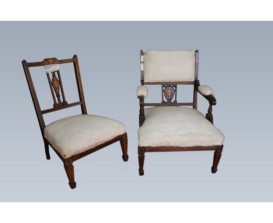 Set of 2 Victorian 18th century English fireplace chairs and armchairs in rosewood     