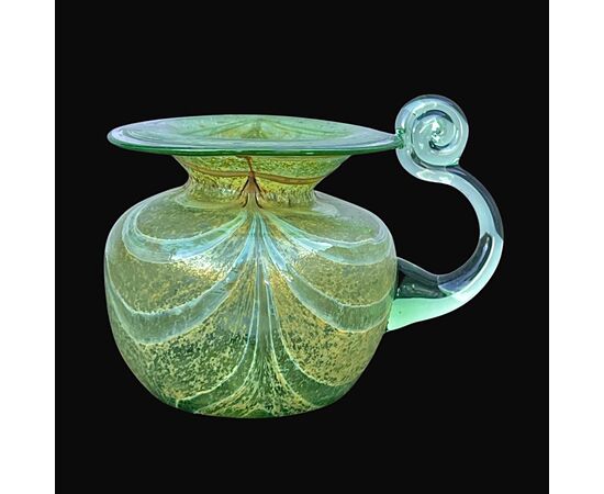 Globular jar with everted edge with curled handle and combed motif. Loetz manufacture. Czech Republic.     
