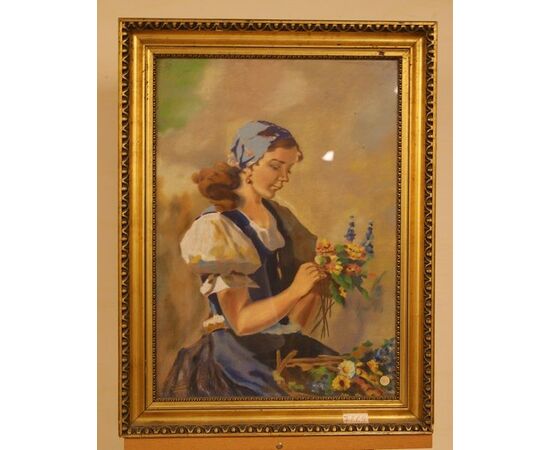 Antique watercolor from 1800 depicting a woman with flowers     