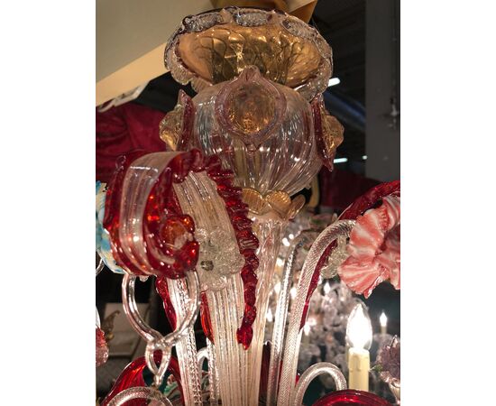 Lampadario vetro di Murano 8 fiamme rosso rubino