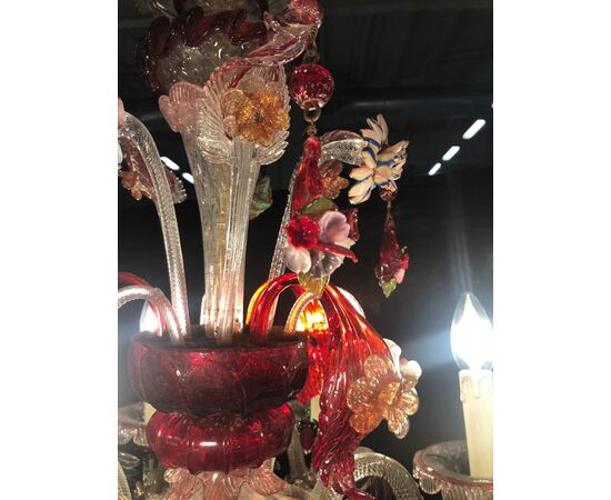 Lampadario vetro di Murano 6 fiamme rosso rubino 