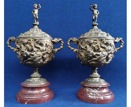 Pair of bronze potiches on marble bases -cm 51 h- France 19th century     