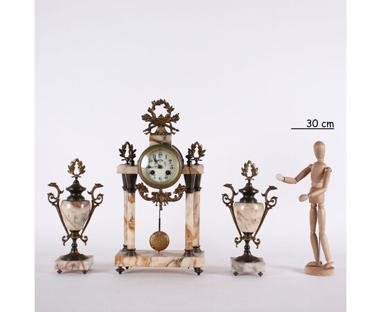 Triptych Marble and Bronze Clock     