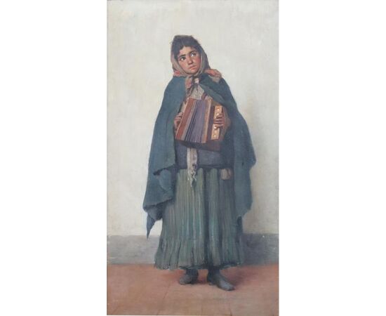 bambina con fisarmonica, XX secolo, dipinto olio su tela, Angelo Vernazza PREZZO TRATTABILE