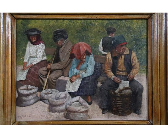 Scena contadina, inizio XX secolo, dipinto olio su tavola firmato