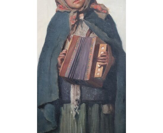 bambina con fisarmonica, XX secolo, dipinto olio su tela, Angelo Vernazza PREZZO TRATTABILE