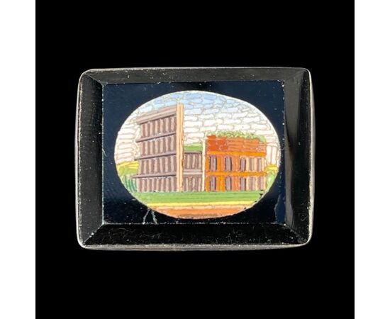 Small silver brooch with micromosaic depicting Roman ruins. Rome.     