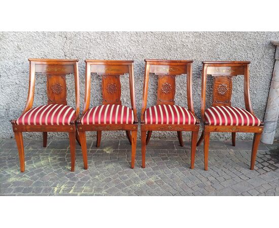 Group of four Empire chairs, brass inlays     