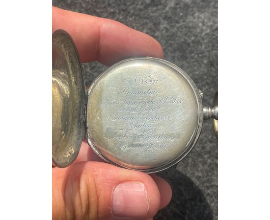 Orologio cronografo da tasca in argento niellato con decoro floreale e cavallo.Francia.