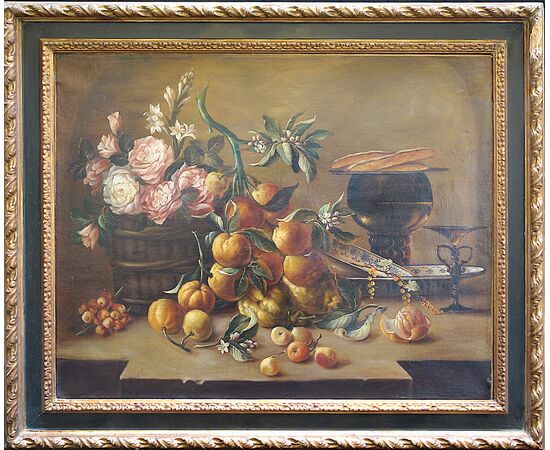 Dipinto natura morta di fiori e frutta - XX secolo - Anonimo