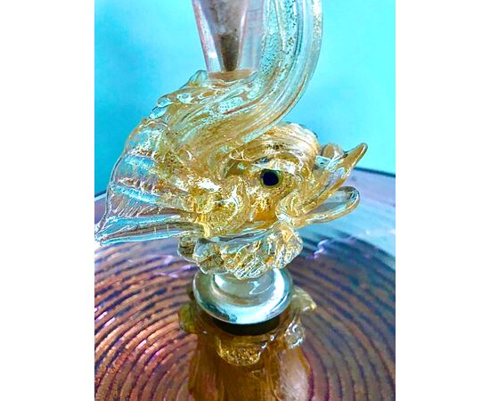 Vaso Centrotavola in vetro a spirale balloton con draghi e foglia oro.Manifattura Salviati,Murano.