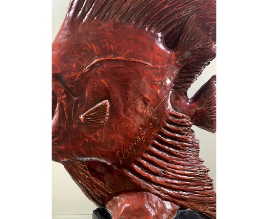 GUIDO CACCIAPUOTI, Two fighting fish and shell, red enamel stoneware sculpture     
