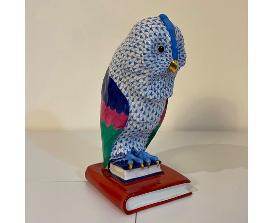 HEREND, &quot;Owl perched on books&quot; polychrome porcelain sculpture     
