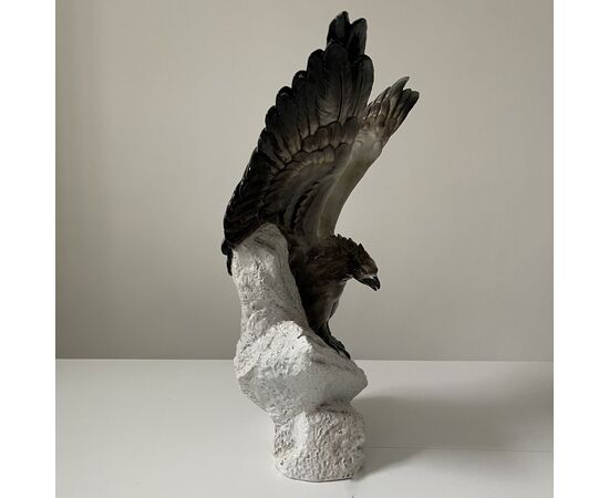 GUIDO CACCIAPUOTI, Eagle, large hand-decorated ceramic sculpture from the 1930s     